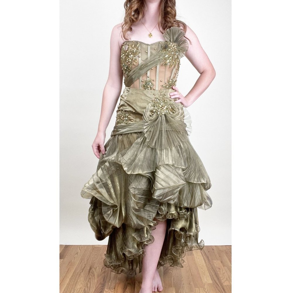 Vintage Mike Benet Gown Corset Skirt Ruffle Pleated Embroidered Beaded Formal